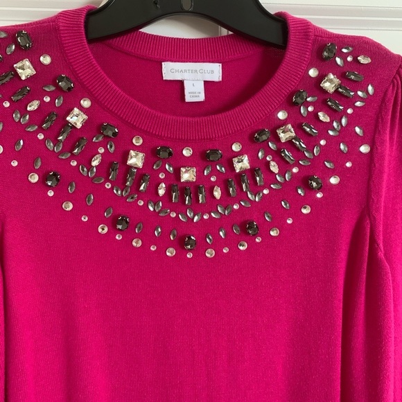 Charter Club Pink Embellished Crew Neck Long Sleeve Top sweater size Large - Picture 3 of 9